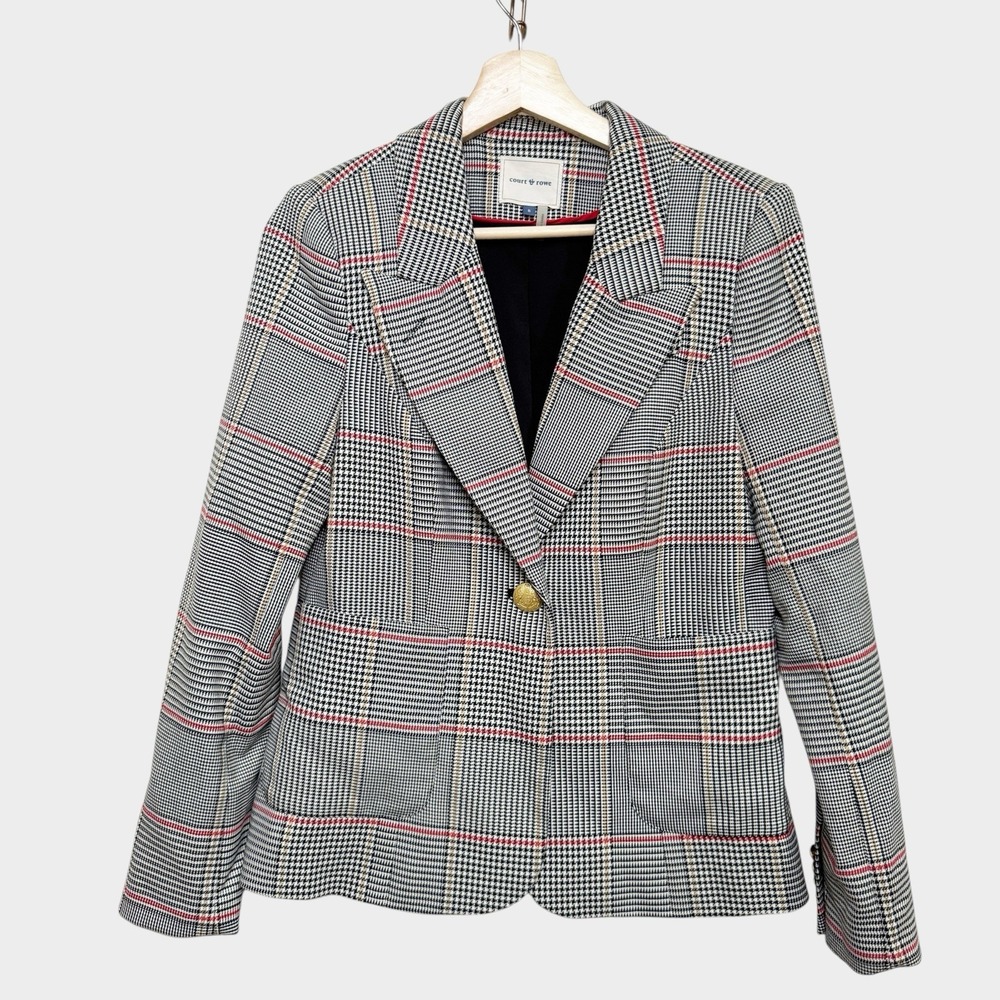 Court Rowe Blazer Houndstooth Plaid 6 Gold Button Black Red Business Equestrian